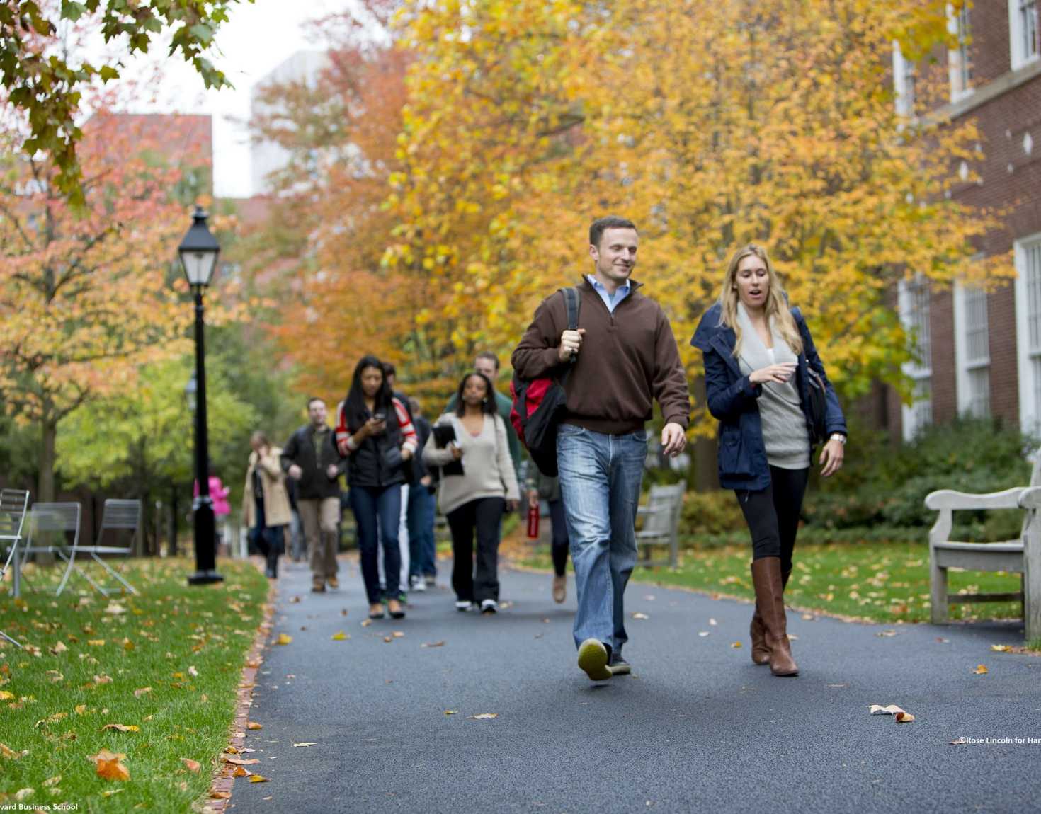 Students walking in the Autumn through Harvard
